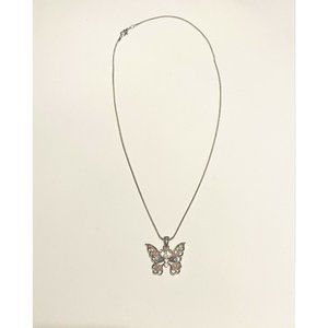 Vintage Silver Tone Colorful Rhinestone Butterfly Necklace
